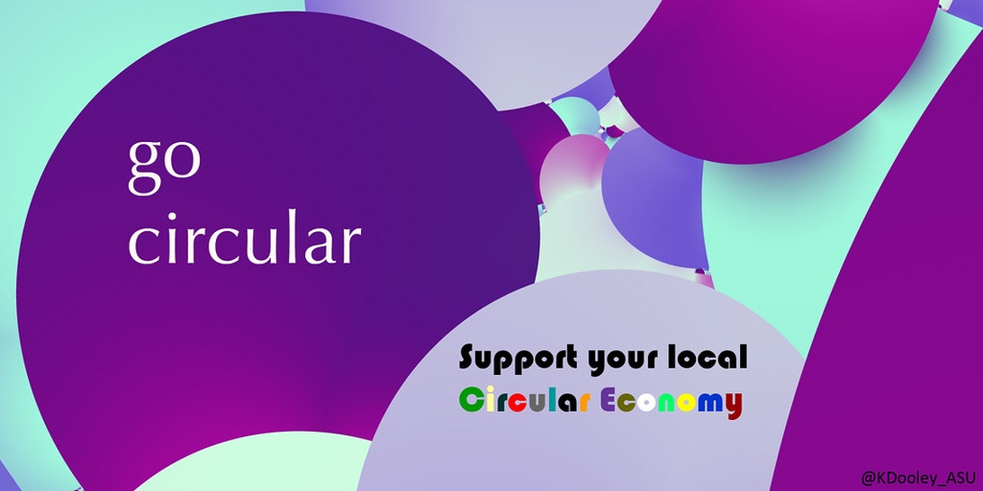 Grafisk design med färgglada cirkulära former och texten 'go circular' och 'Support your local Circular Economy'.